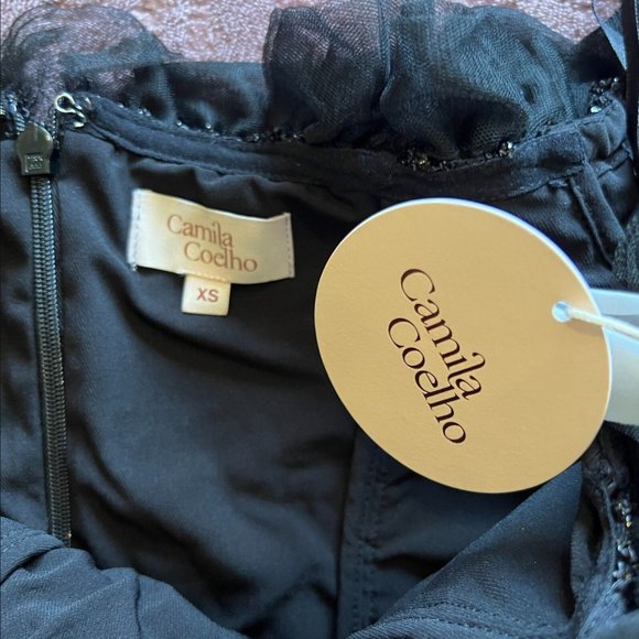 NWT Camila Coelho Suzette Off Shoulder Mini Dress Size XS Black Tulle Ruffle - Picture 7 of 12